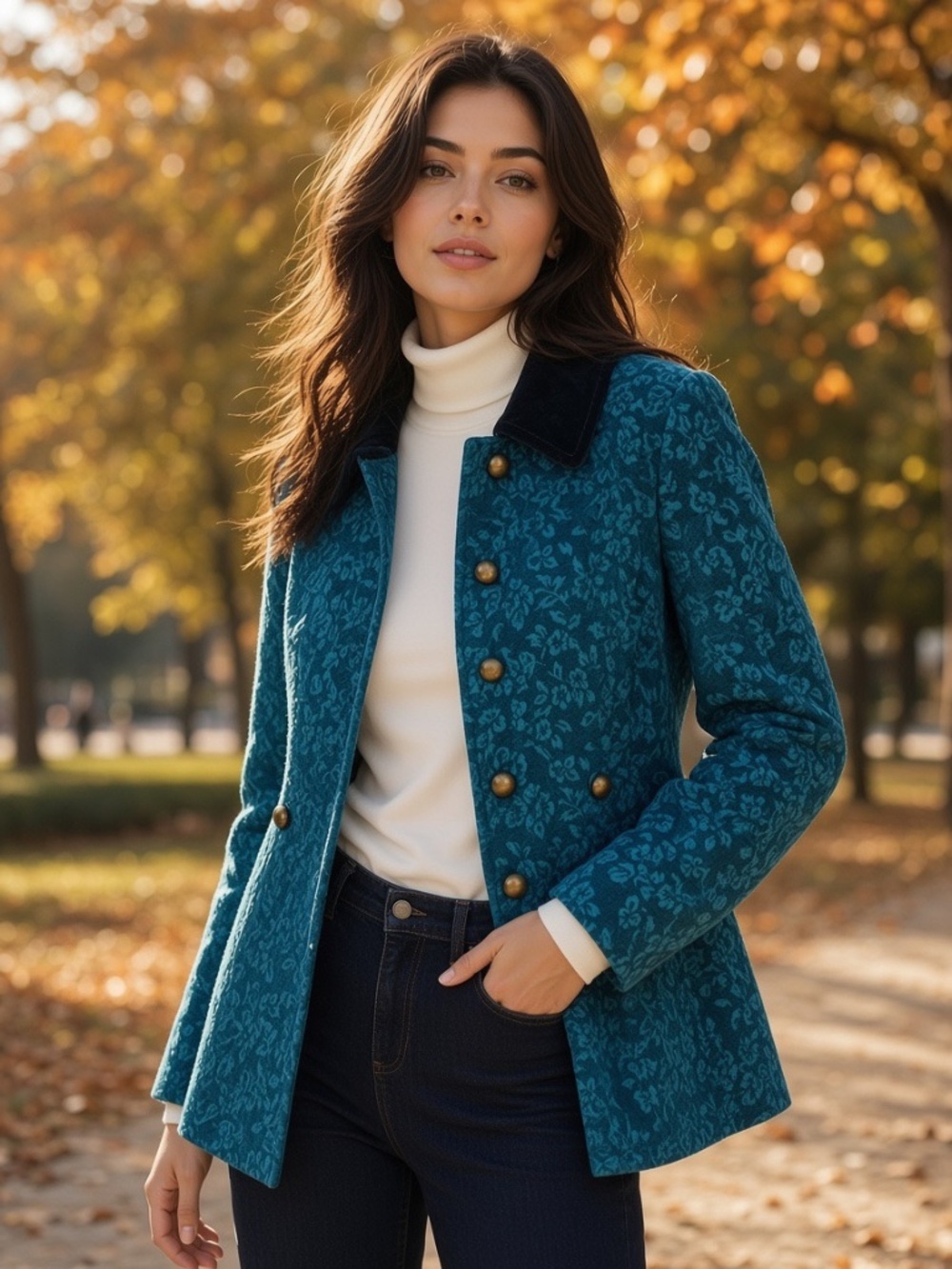 Women's Large Teal Floral Patterned Jacket